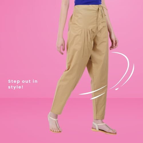 Happy Bunny Cotton Salwar Pant for Women, Modern Semi Patiala Ethnic Trousers with Drawstring, Comfortable Office Home Wear Ladies Pants (XL, Sand Khaki) - Image 3