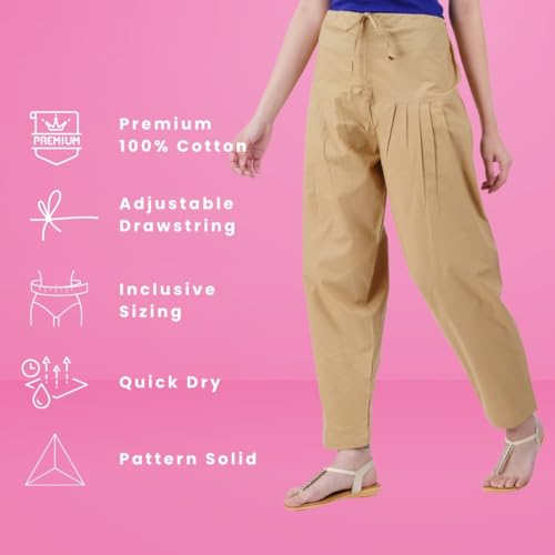 Happy Bunny Cotton Salwar Pant for Women, Modern Semi Patiala Ethnic Trousers with Drawstring, Comfortable Office Home Wear Ladies Pants (XL, Sand Khaki) - Image 2