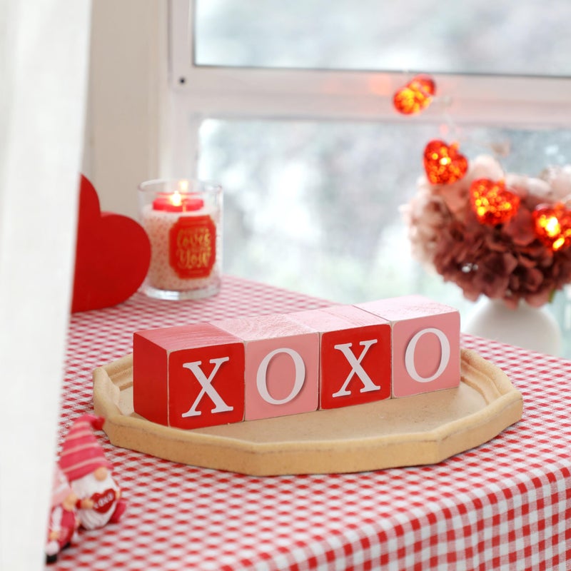 NEWLIGHTURE Valentine's Day Decor  4pcs Love XOXO Wooden Blocks  Valentine? Day Wood Love Sign Table Centerpiece for Home Valentines Day Gifts - Image 3