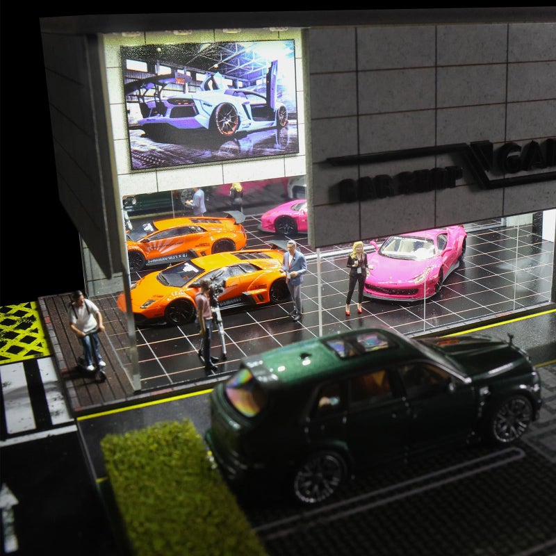 G-FANS 1/64 Scale Parking Garage Diorama with LED Lights, Display Case for Hot Mini Wheels GT Matchbox 1:64 Diecast Model Cars, Collection Storage Box (CAR Shop) - Image 4