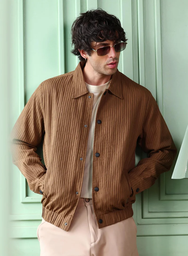 Men Zip-Front Crushed-Tactile Jacket | Point Collar, Long Button-Cuff Sleeves | Zipper , Ribbed-Straight Hem | Solid Textured | Woven Fabric For Casual & Daily Wear | Chocolate Brown