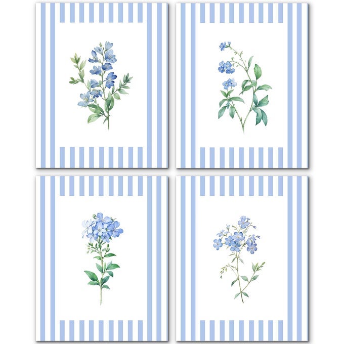 BLUE WALL ART DECOR VINTAGE BLUE AND WHITE STRIPED FLORAL WALL ART PRINTS SET OF 4 RUSTIC COTTAGECORE BOTANICAL WALL DECOR POSTERS PICTURES FOR HOME BEDROOM LIVING ROOM 8X10 UNFRAMED