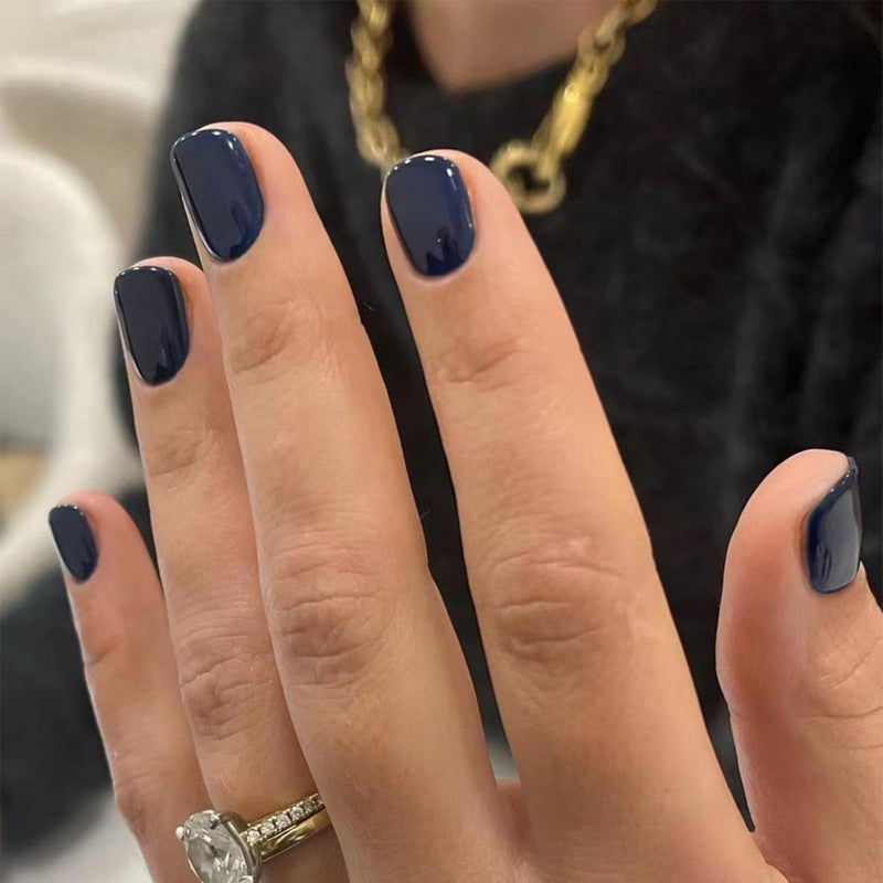 Generic Short Square Head Fake Nail Deep Blue Glazed Crystal Blue Nail Acrylic Artificial Nail Gloss Solid Color Nail Female Girl Nail Salon 24 Piece Set