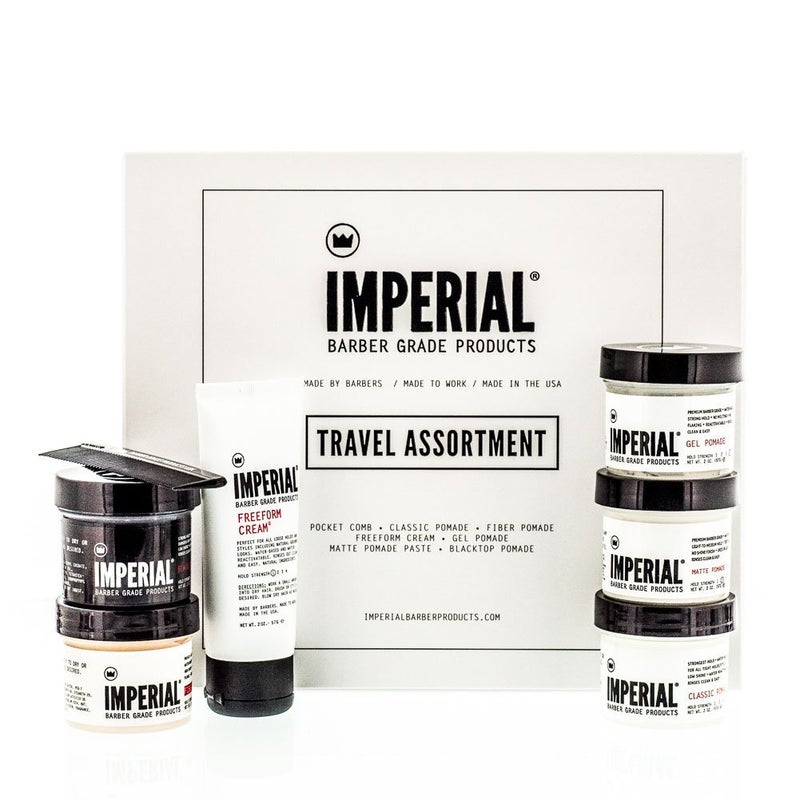 Imperial Barber Travel Assortment/Gift Set Men's Traveling Hair Style -Classic, Fiber, Gel & Blacktop Pomade, Matte Pomade Paste, Freeform Cream, Comb - Image 1