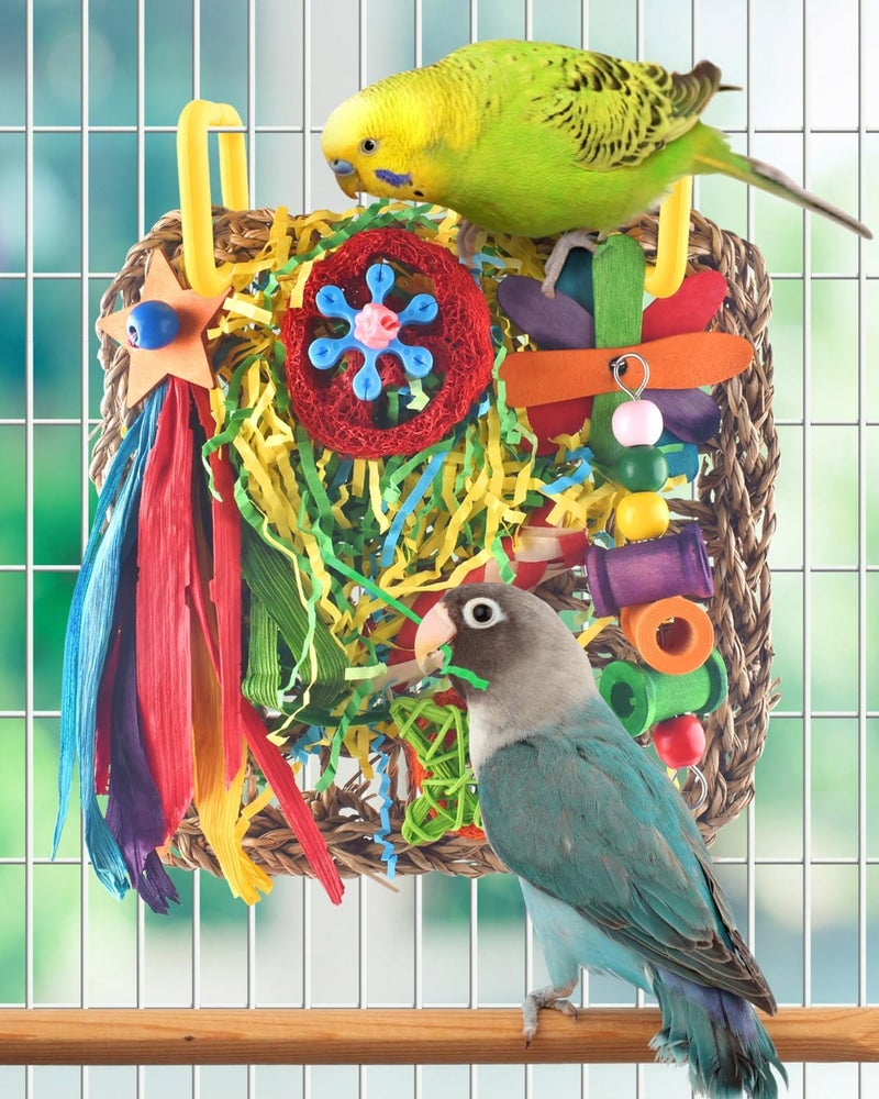 ERKOON Parrot Toys, Bird Cockatiel Toys Foraging Toys Hanging Bird Toys for Lovebrid Parakeets Conures Bird Foraging Wall with Colorful Toys for Birds Shredding Seagrass, Birds Cage Toy accessories - Image 5