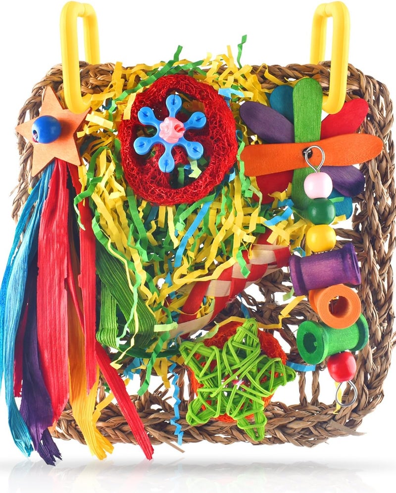 ERKOON Parrot Toys, Bird Cockatiel Toys Foraging Toys Hanging Bird Toys for Lovebrid Parakeets Conures Bird Foraging Wall with Colorful Toys for Birds Shredding Seagrass, Birds Cage Toy accessories - Image 1