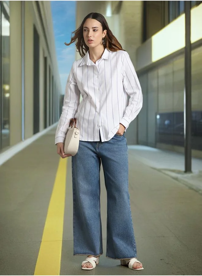 Dennis Lingo Women's White 100% Cotton Striped Relaxed Fit Shirt