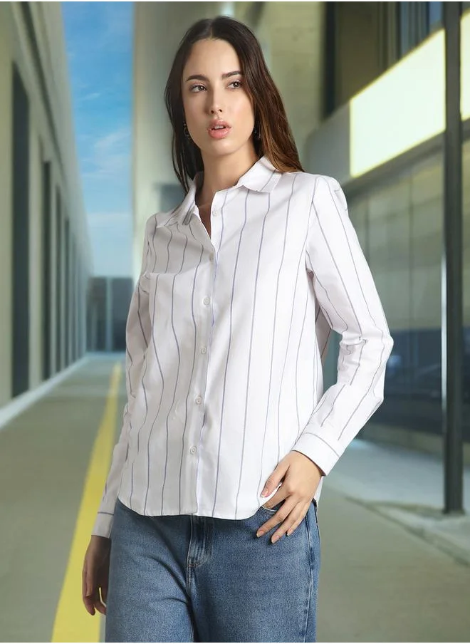 Dennis Lingo Women's White 100% Cotton Striped Relaxed Fit Shirt