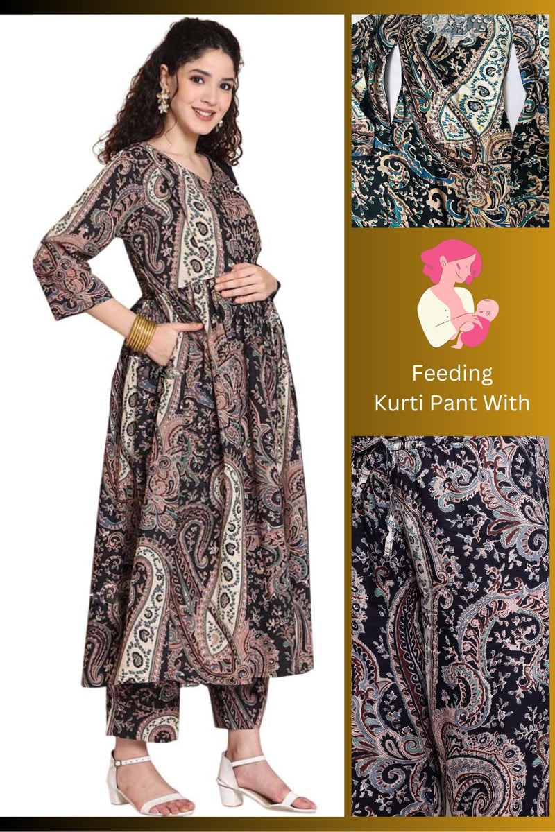 ASSUME FAB Women Viscose Rayon Anarkali Maternity and Feeding Zip Kurti Pant Set(Large Black - Image 4
