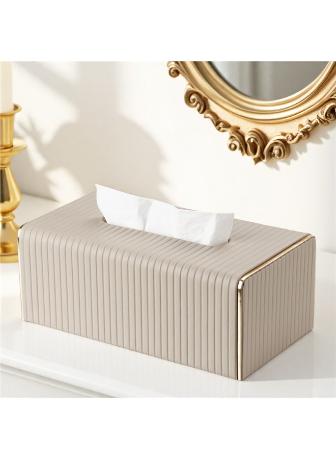 Tissue Box, PU Leather Tissue Holder with Lid, Facial Tissue Case Napkin Dispenser for Home Office Bathroom Bedroom Car, 25*14*10cm, Beige - Image 3