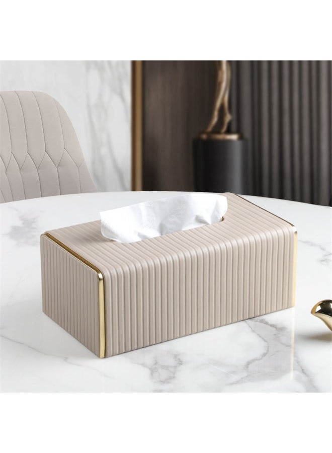 Tissue Box, PU Leather Tissue Holder with Lid, Facial Tissue Case Napkin Dispenser for Home Office Bathroom Bedroom Car, 25*14*10cm, Beige - Image 4