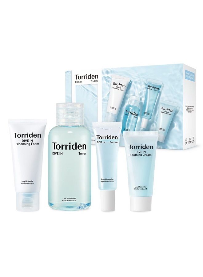 Torriden DIVE-IN Trial Kit, Hyaluronic Acid Infused Daily Skincare Kit - 4 Step Regimen with Foam Cleanser, Facial Toner, Serum, and Cream | Vegan, Hypoallergenic Korean Skin Care - Image 1