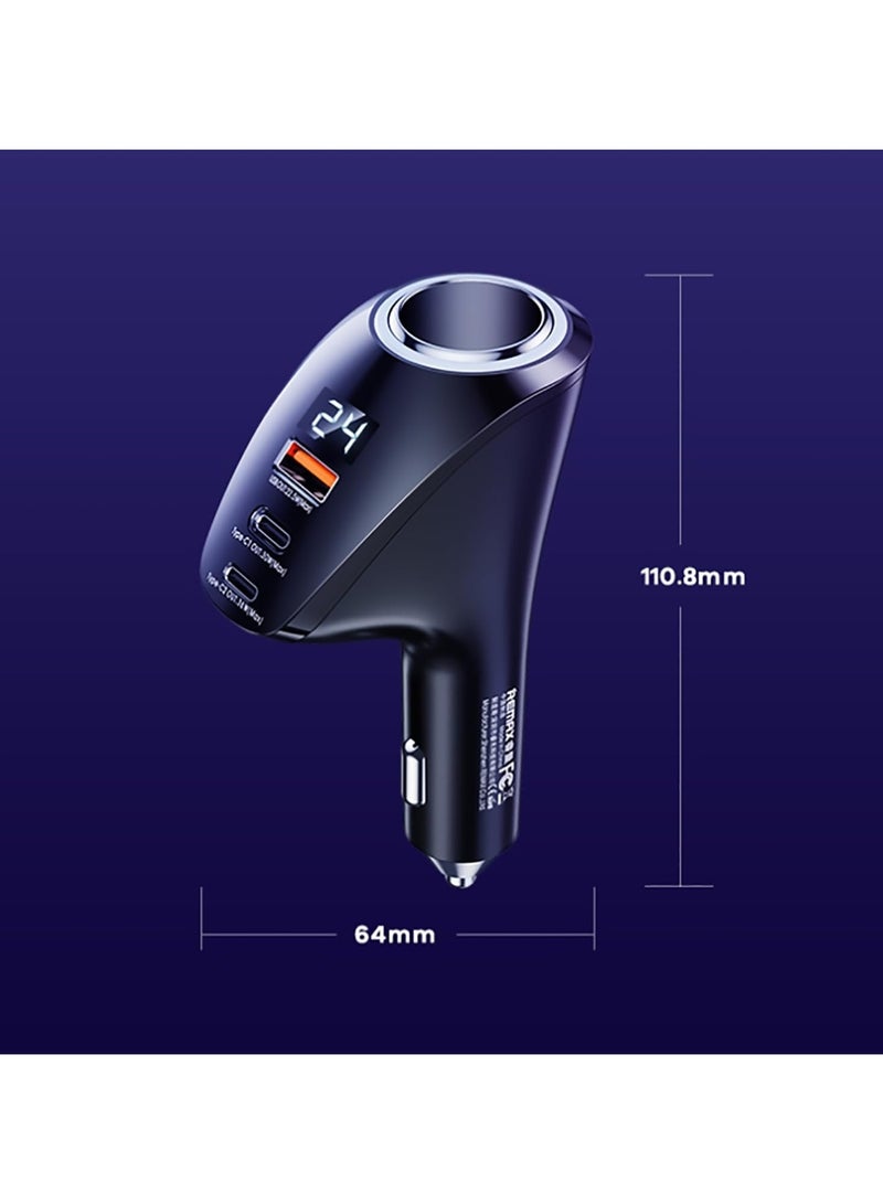 Remax Mena Car Charger Usb Type C with Cigarette Lighter 88.5W PD+QC 2C+1A PD Super Fast Charging Digital Display, Black - Image 2