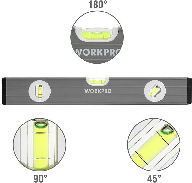 WORKPRO مستوى طوربيد، مجموعة مستويات روح من 3 قطع، 9" (مغناطيسي)، 16" (غير مغناطيسي)، 24" (غير مغناطيسي)، قياس الفقاعات، واضح، أخضر. - Image 3