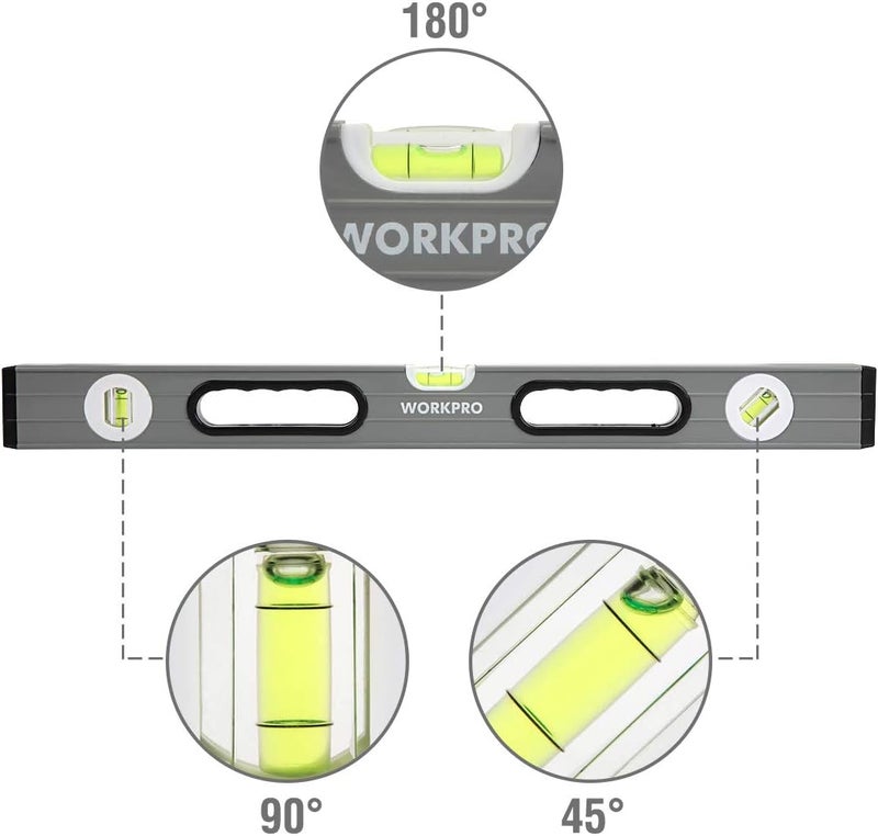 WORKPRO مستوى طوربيد، مجموعة مستويات روح من 3 قطع، 9" (مغناطيسي)، 16" (غير مغناطيسي)، 24" (غير مغناطيسي)، قياس الفقاعات، واضح، أخضر. - Image 4