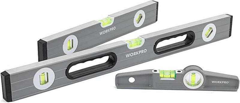 WORKPRO مستوى طوربيد، مجموعة مستويات روح من 3 قطع، 9" (مغناطيسي)، 16" (غير مغناطيسي)، 24" (غير مغناطيسي)، قياس الفقاعات، واضح، أخضر. - Image 1