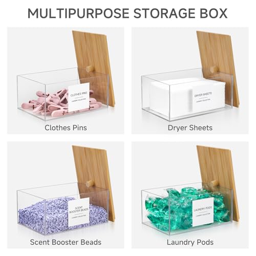 TIPGO Acrylic Dryer Sheet Holder with Lid, Clear Laundry Sheets Container with 27 Labels, Laundry Pods Storage for Laundry Room Organization - Image 2