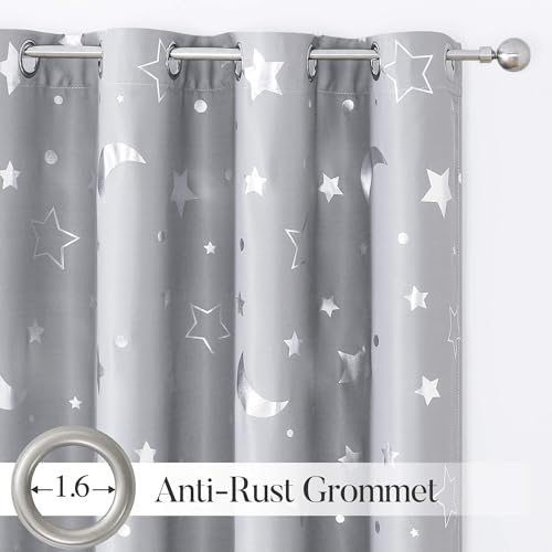 WUBODTI Grey 100% Blackout Star Curtains for Kids Room 45 Inches Long 2 Panel Sets, Silver Star and Moon Patterned Nusery Curtains Grommet Thermal Insulated Short Drapes for Boys Bedroom Kitchen - Image 2