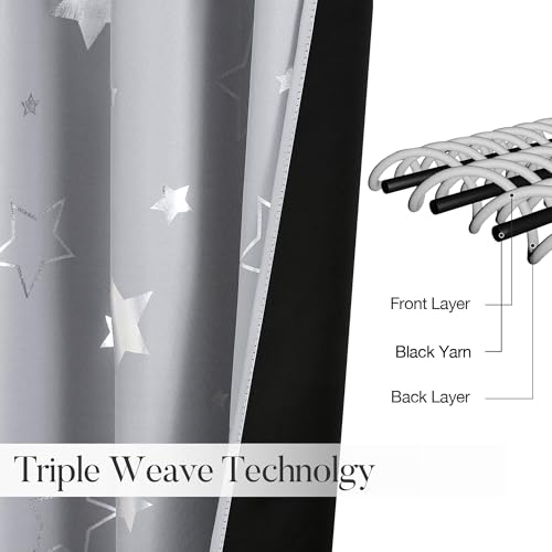 WUBODTI Grey 100% Blackout Star Curtains for Kids Room 45 Inches Long 2 Panel Sets, Silver Star and Moon Patterned Nusery Curtains Grommet Thermal Insulated Short Drapes for Boys Bedroom Kitchen - Image 3