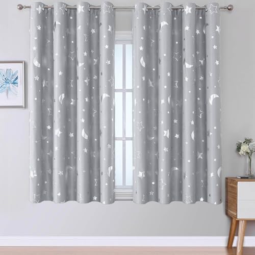 WUBODTI Grey 100% Blackout Star Curtains for Kids Room 45 Inches Long 2 Panel Sets, Silver Star and Moon Patterned Nusery Curtains Grommet Thermal Insulated Short Drapes for Boys Bedroom Kitchen - Image 1