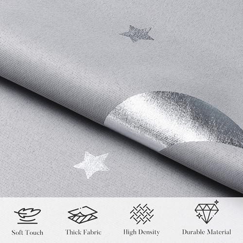 WUBODTI Grey 100% Blackout Star Curtains for Kids Room 45 Inches Long 2 Panel Sets, Silver Star and Moon Patterned Nusery Curtains Grommet Thermal Insulated Short Drapes for Boys Bedroom Kitchen - Image 5