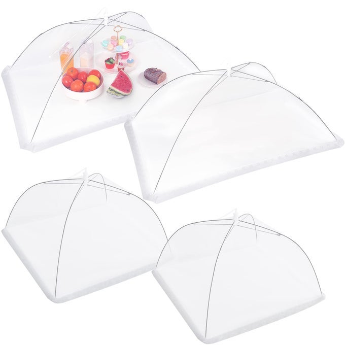 4 PCS LARGE AND TALL MESH FOOD COVER TENT UMBRELLA FOOD SCREEN COVERS FOR OUTSIDE POPUP MESH REUSABLE FOOD NETS FOR PARTIES PICNICS OUTDOOR BBQS COLLAPSIBLE 2 PCS 32X24 2 PCS 17X17