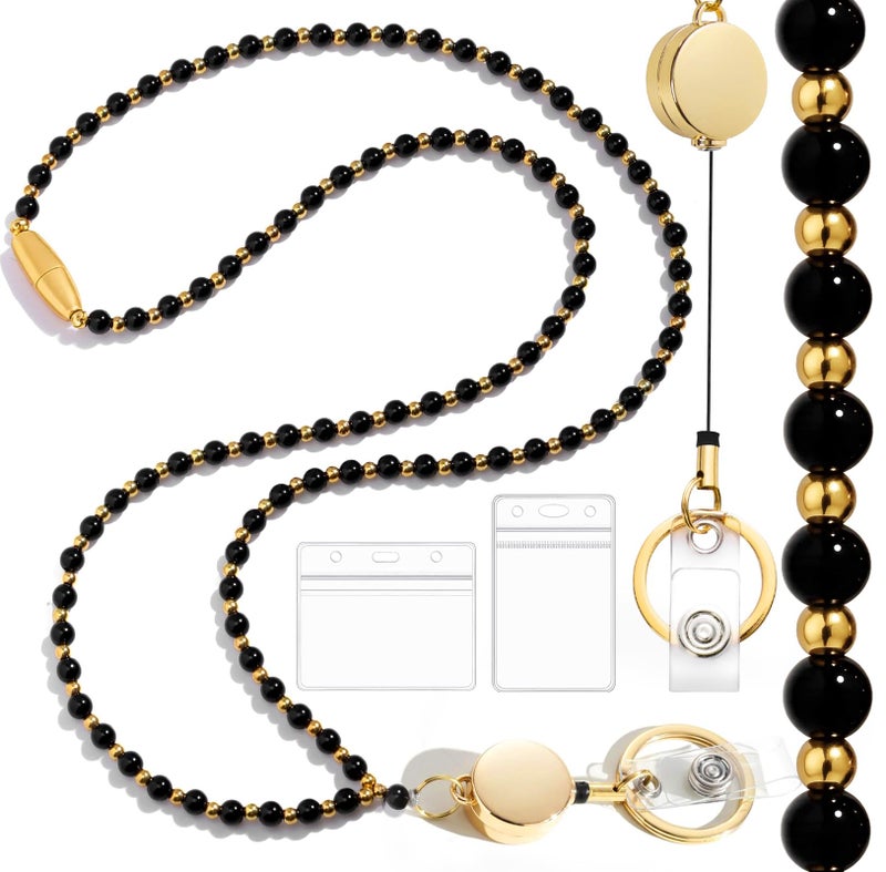 Toykee Lanyards with ID Badges Holder for Teachers Keys Card - Black and Gold Women Breakaway Retractable Beaded Necklace Break Away Lanyard with Holder for Name Tag Cruise Ship - Image 1