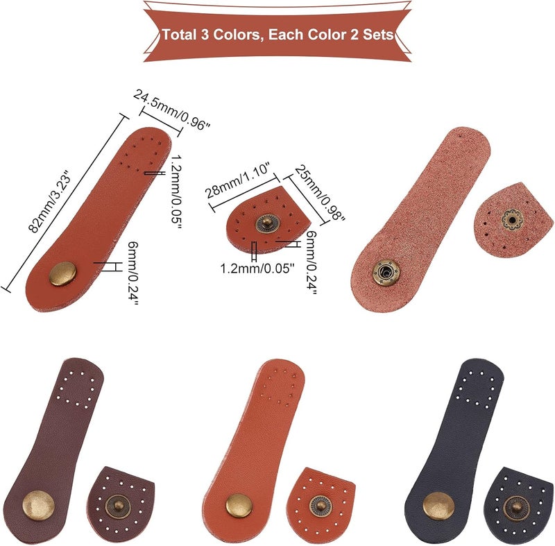 كلاراكو مجموعة من 6 مشابك كبس من جلد البقر من كلاركو. 3 ألوان من الجلد، مزودة بعلامة تبويب للحقائب، أزرار كبس جلدية قابلة للخياطة، مشابك تثبيت للحقائب، إكسسوارات خياطة يدوية للحقائب، المعاطف، السترات، دفاتر الملاحظات. - Image 2