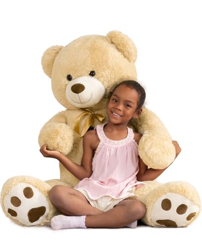 MaoGoLan Giant Teddy Bear Stuffed Animal 52 Large Tan Teddy Bear Plush Toy with Cute Bow Tie Footprints Soft Sunggle Bear Plushies Gift for Kids Grilfriend Wife on Christmas Birthday Baby Shower - Image 1