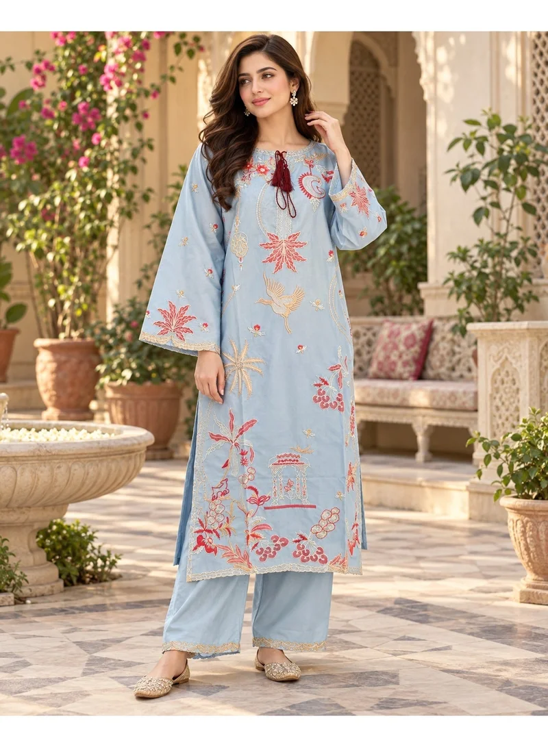 بزم مجموعة مهفل قطن كامبريك مطرزة من قطعتين، أزرق فاتح