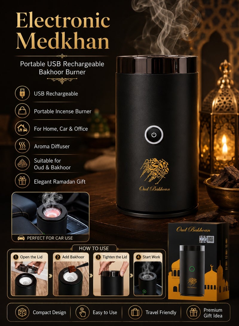 Oud Bakhoan Electronic Medkhan, Bakhoor Burner, Portable Incense Burner for Home Rechargeable USB, Car, and Office – Aromatherapy Diffuser, Oud, Charcoal Burner, Arabic Bukhoor, Fragrance, Ramadan, Gift, Decor - Image 1