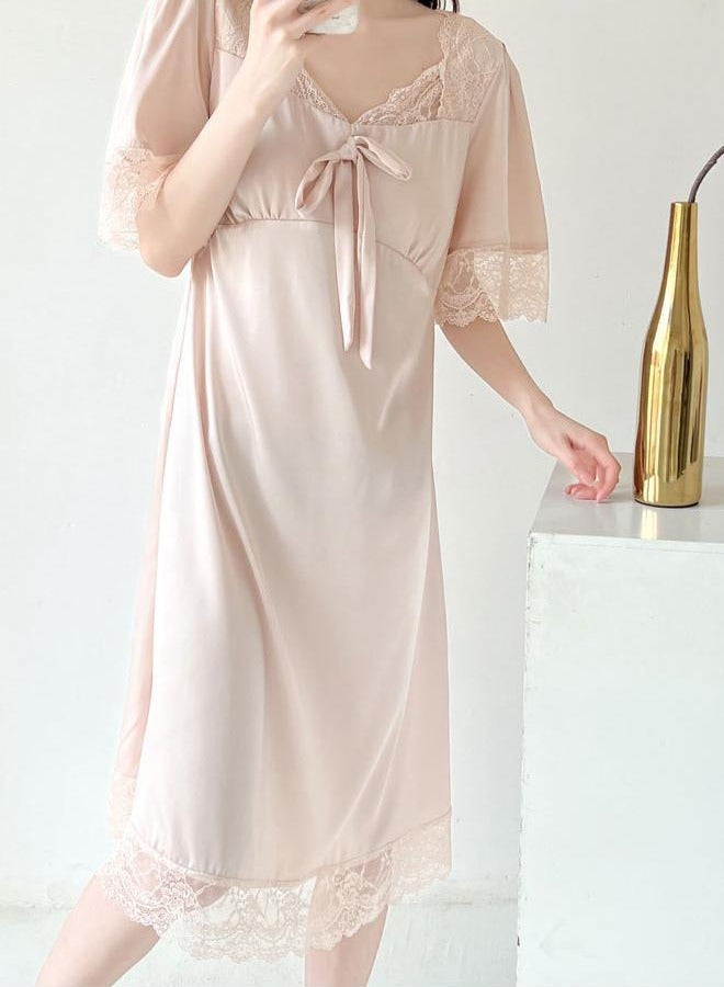 Lace Short-Sleeved Ice Silk Nightdress French Retro Palace Style Ice Silk Nightgown Lace Detail Short-Sleeved Home Clothes Lace New Silk Nightdress With Chest Pads Thin And Sweet Imitation Silk Can Be Worn Outside Pink M Size - Image 2
