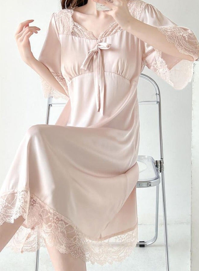 Lace Short-Sleeved Ice Silk Nightdress French Retro Palace Style Ice Silk Nightgown Lace Detail Short-Sleeved Home Clothes Lace New Silk Nightdress With Chest Pads Thin And Sweet Imitation Silk Can Be Worn Outside Pink M Size - Image 3