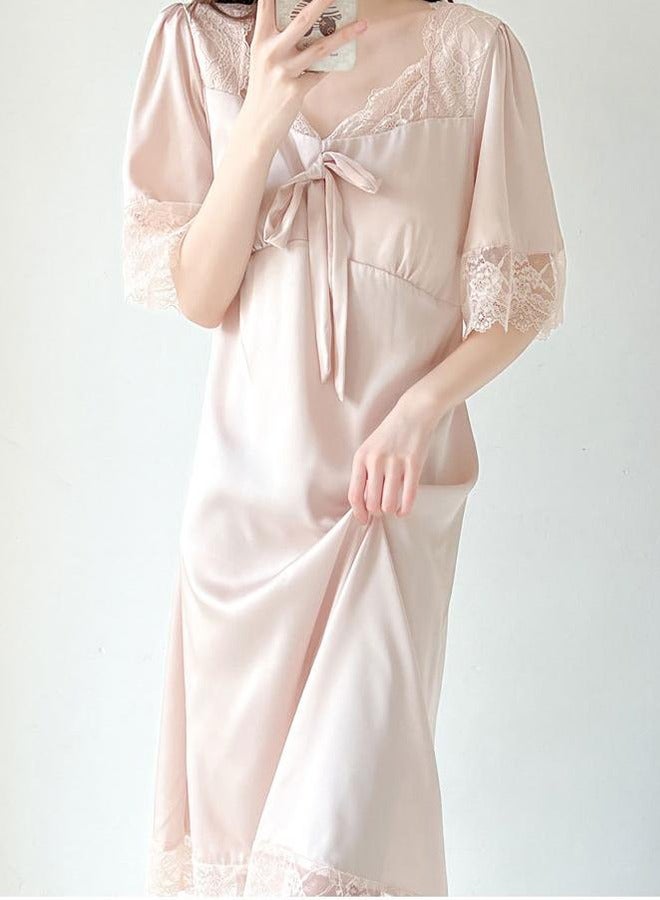 Lace Short-Sleeved Ice Silk Nightdress French Retro Palace Style Ice Silk Nightgown Lace Detail Short-Sleeved Home Clothes Lace New Silk Nightdress With Chest Pads Thin And Sweet Imitation Silk Can Be Worn Outside Pink M Size - Image 1