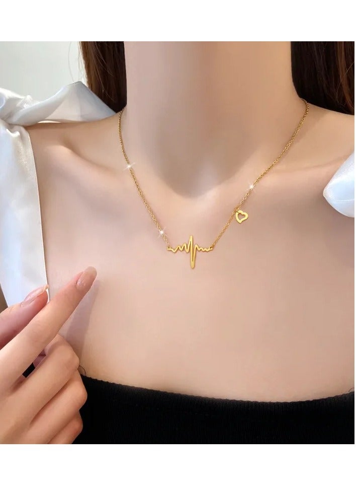 Stainless ECG Heart Clavicle Necklace Chain Dainty Collars Minimalist Heartbeat Pendant
