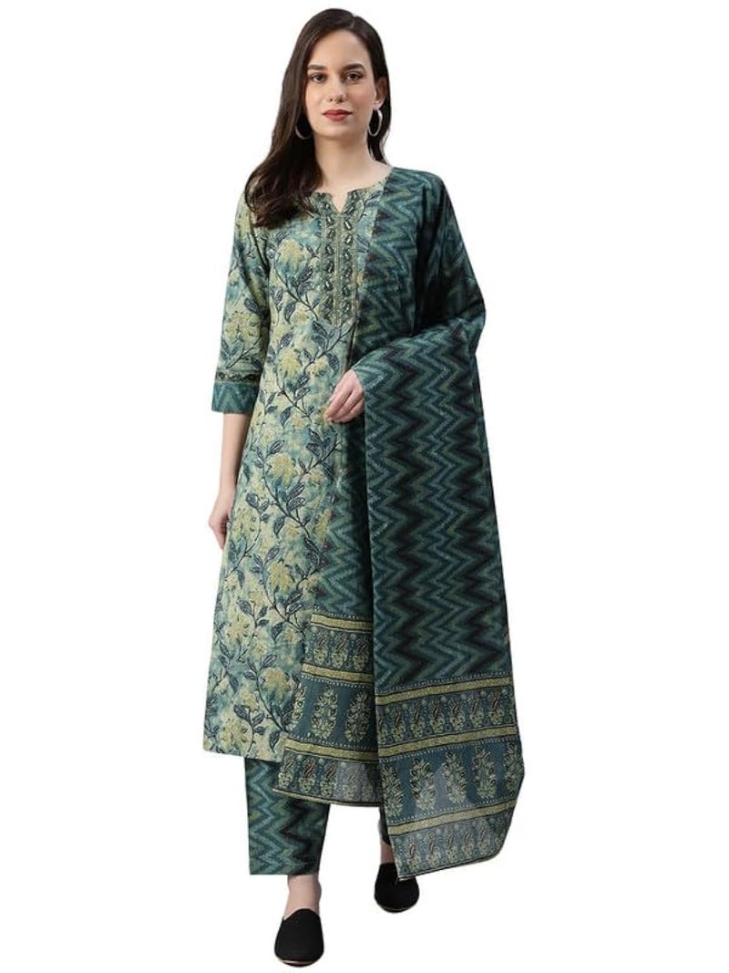 Vaamsi Women's Rayon Blend Ethnic Motifs Printed Straight Kurta Pant with Dupatta (VKSKD1091_S_Teal) - Image 1