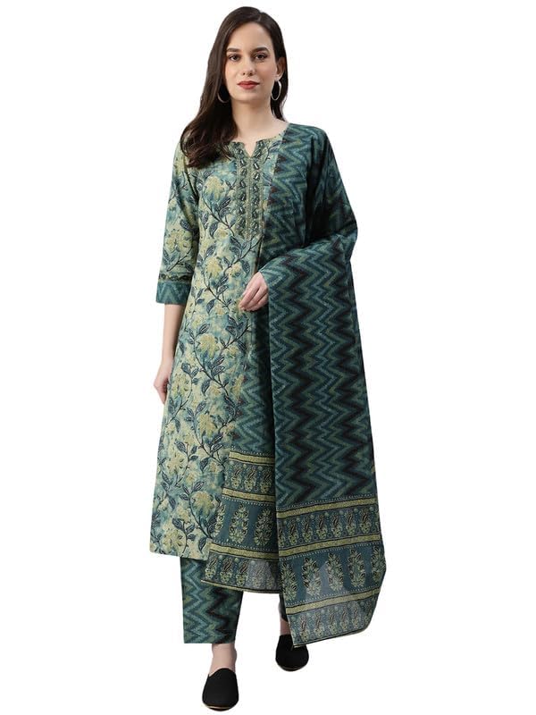 Vaamsi Women's Rayon Blend Ethnic Motifs Printed Straight Kurta Pant with Dupatta (VKSKD1091_S_Teal) - Image 2