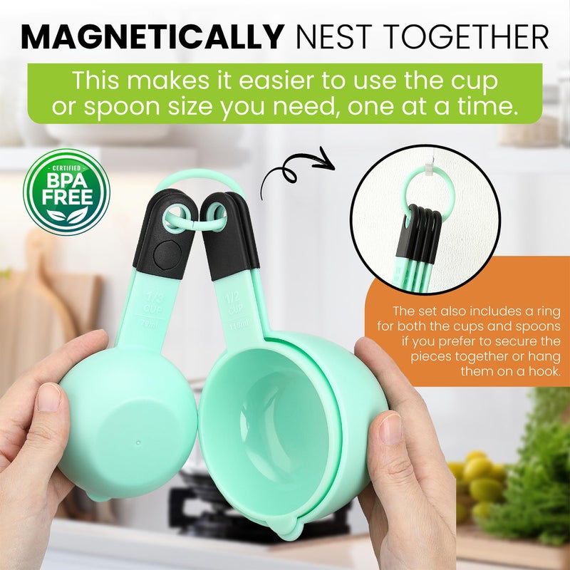 Spring Chef Mint Magnetic Measuring Cups and Spoons Set of 9, Stackable Plastic Kitchen Tool with Easy to Read Markings - Measure Dry or Liquid Ingredient for Baking & Cooking, BPA Free - Image 2