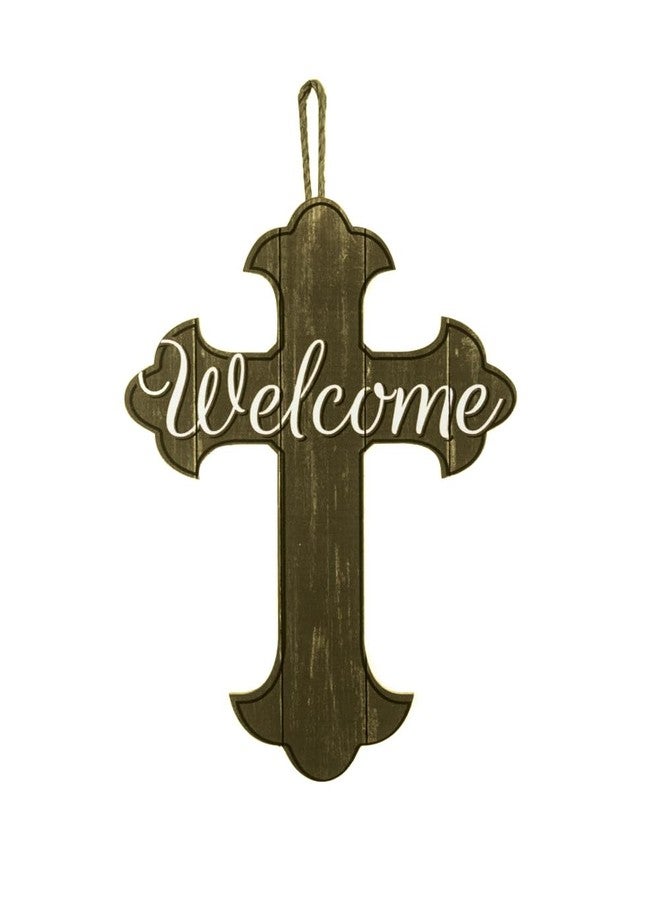 GiftWrap Etc. Welcome Cross Front Door Sign - 16" x 11", Wood Slats Christian Wall Decor, Church, Jesus Christ, Lord, Wreath, Home, Kitchen, Christmas Decoration, Easter - Image 1