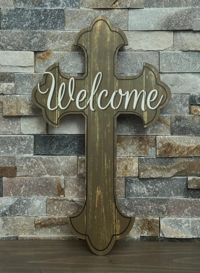 GiftWrap Etc. Welcome Cross Front Door Sign - 16" x 11", Wood Slats Christian Wall Decor, Church, Jesus Christ, Lord, Wreath, Home, Kitchen, Christmas Decoration, Easter - Image 4