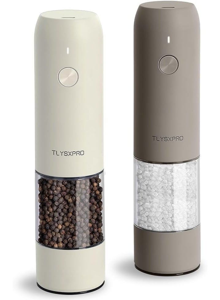 مجموعة مطحنة ملح وفلفل كهربائية، قابلة لاعادة الشحن بمنفذ USB، مطحنة ملح وفلفل اوتوماتيكية مع خشونة قابلة للتعديل، هزازات ملح كهربائية، ضوء LED، قابلة لاعادة الملء (عبوتان، رمادي وعاجي) - Image 1