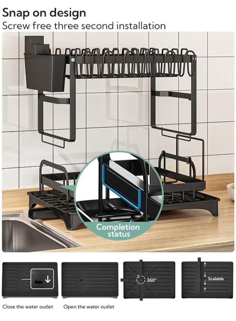 Beauenty 2 Tier Foldable Dish Drying Rack with Utensil Holder & Cutting Board Holder & Drainboard Tray, Rotatable Drainage System Scratch Resistant Frosted Baking Process Coatings, Large Black  - Image 5