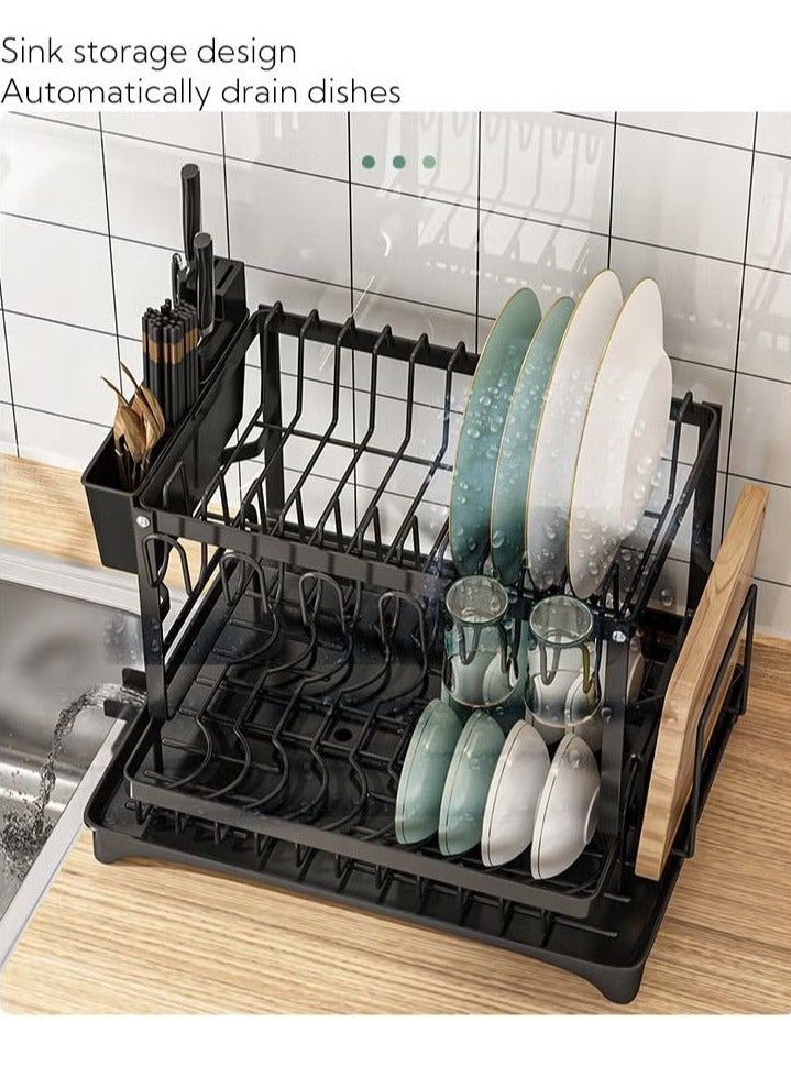 Beauenty 2 Tier Foldable Dish Drying Rack with Utensil Holder & Cutting Board Holder & Drainboard Tray, Rotatable Drainage System Scratch Resistant Frosted Baking Process Coatings, Large Black  - Image 4