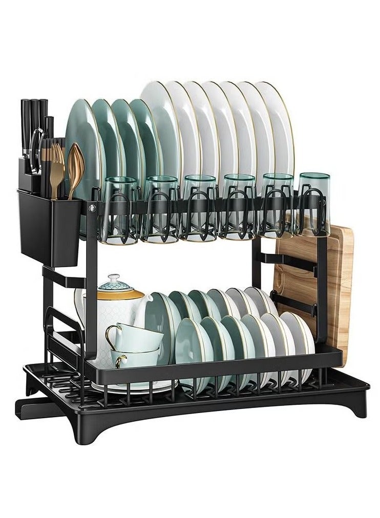 Beauenty 2 Tier Foldable Dish Drying Rack with Utensil Holder & Cutting Board Holder & Drainboard Tray, Rotatable Drainage System Scratch Resistant Frosted Baking Process Coatings, Large Black  - Image 1