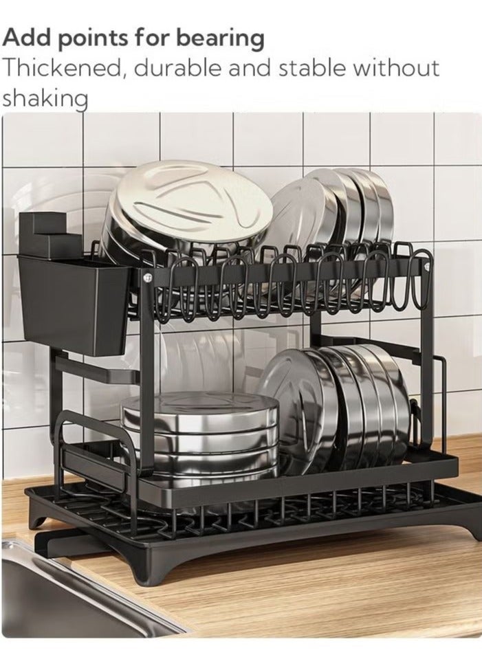 Beauenty 2 Tier Foldable Dish Drying Rack with Utensil Holder & Cutting Board Holder & Drainboard Tray, Rotatable Drainage System Scratch Resistant Frosted Baking Process Coatings, Large Black  - Image 3
