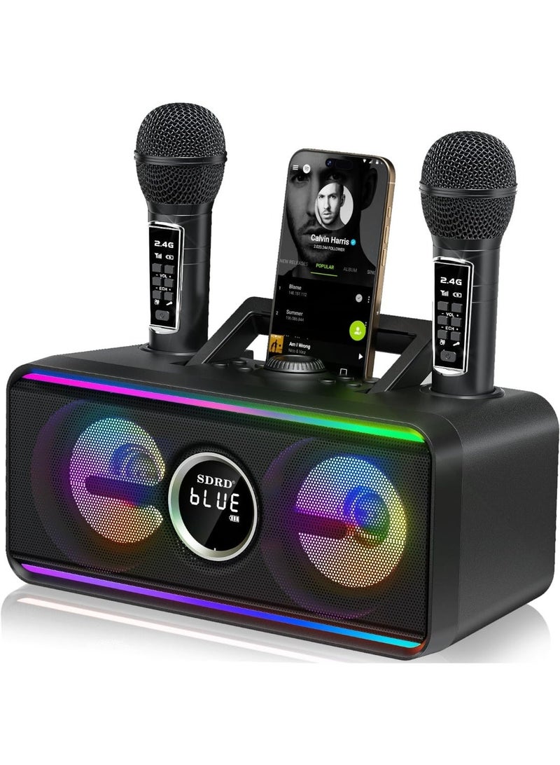 سدرد جهاز كاريوكي مزود بميكروفونين لاسلكيين UHF، نظام مكبر صوت محمول مزود بتقنية البلوتوث مع أضواء LED للحفلات المنزلية، والمناسبات الخارجية/الداخلية/حفلات الزفاف، والكنائس، وهدايا أعياد الميلاد - Image 1