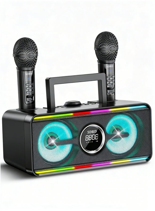 سدرد جهاز كاريوكي مزود بميكروفونين لاسلكيين UHF، نظام مكبر صوت محمول مزود بتقنية البلوتوث مع أضواء LED للحفلات المنزلية، والمناسبات الخارجية/الداخلية/حفلات الزفاف، والكنائس، وهدايا أعياد الميلاد - Image 1