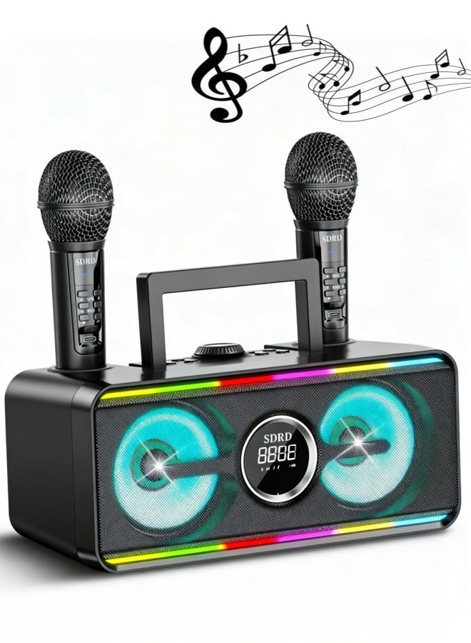 سدرد جهاز كاريوكي مزود بميكروفونين لاسلكيين UHF، وإضاءة LED، ومكبر صوت بلوتوث محمول، ونظام كاريوكي قوي، ووقت تشغيل يصل إلى 12 ساعة، وقابل لإعادة الشحن، ويدعم منفذي USB/AUX، للاستخدام الداخلي والخارجي - Image 1