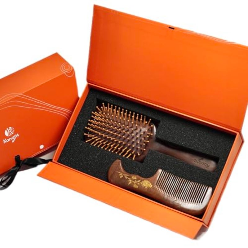2-Piece Premium Wooden Hair Comb Set, Large Air Cushion Scalp Massager and Daily Detangling Brush, Natural Anti-Static Wood Haircare Kit, Self-Care Gift Set for Women - Image 1