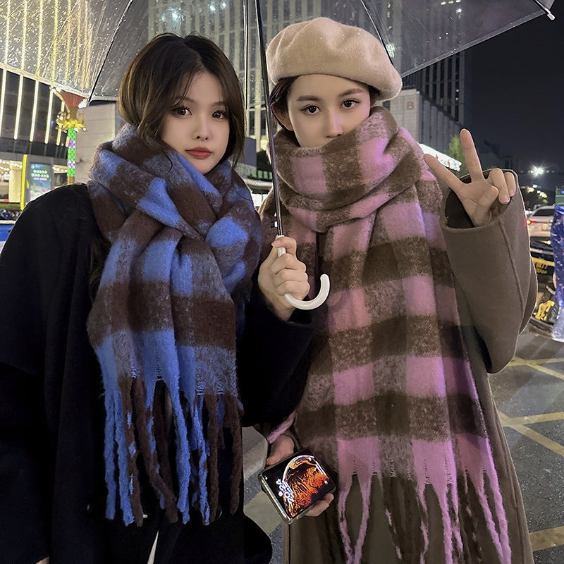 Scarf Winter Women'S High-End Sense Style Mauhair Black And White Plaid Korean-Style Couple Warm Thickened Scarf For Men - Image 2
